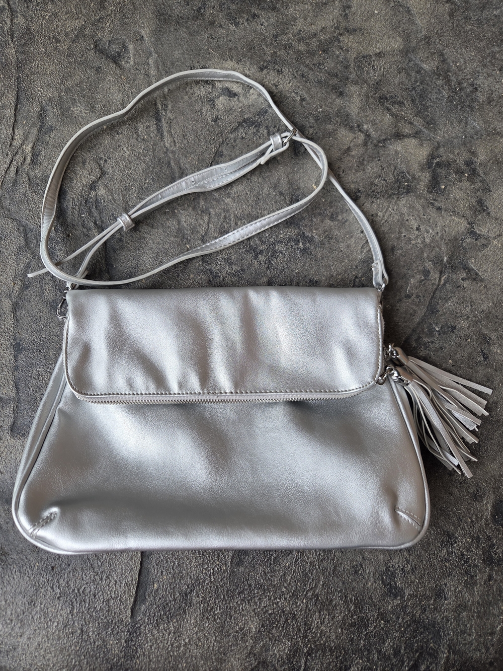 Trendy Boutique Silver Metallic Crossbody with Tassel